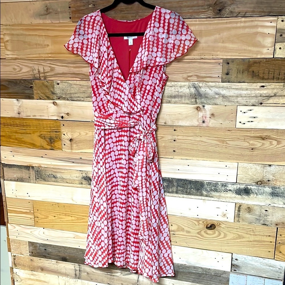 Dressbarn size 10 Red with White Polka Dot Lightweight and Flowy Midi Wrap Dress